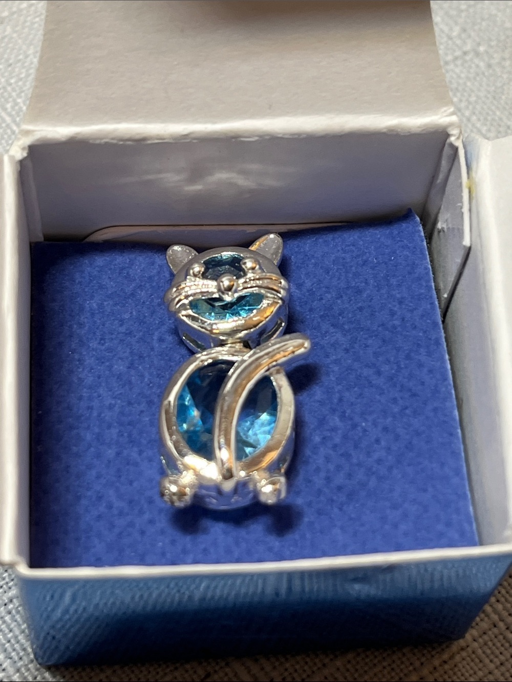 Avon NEW Alley Cat Pin. Silver tone. 
Blue Crystal 
Box included